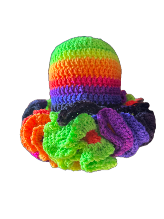 Multi Rainbow Crochet Ruffled Hat