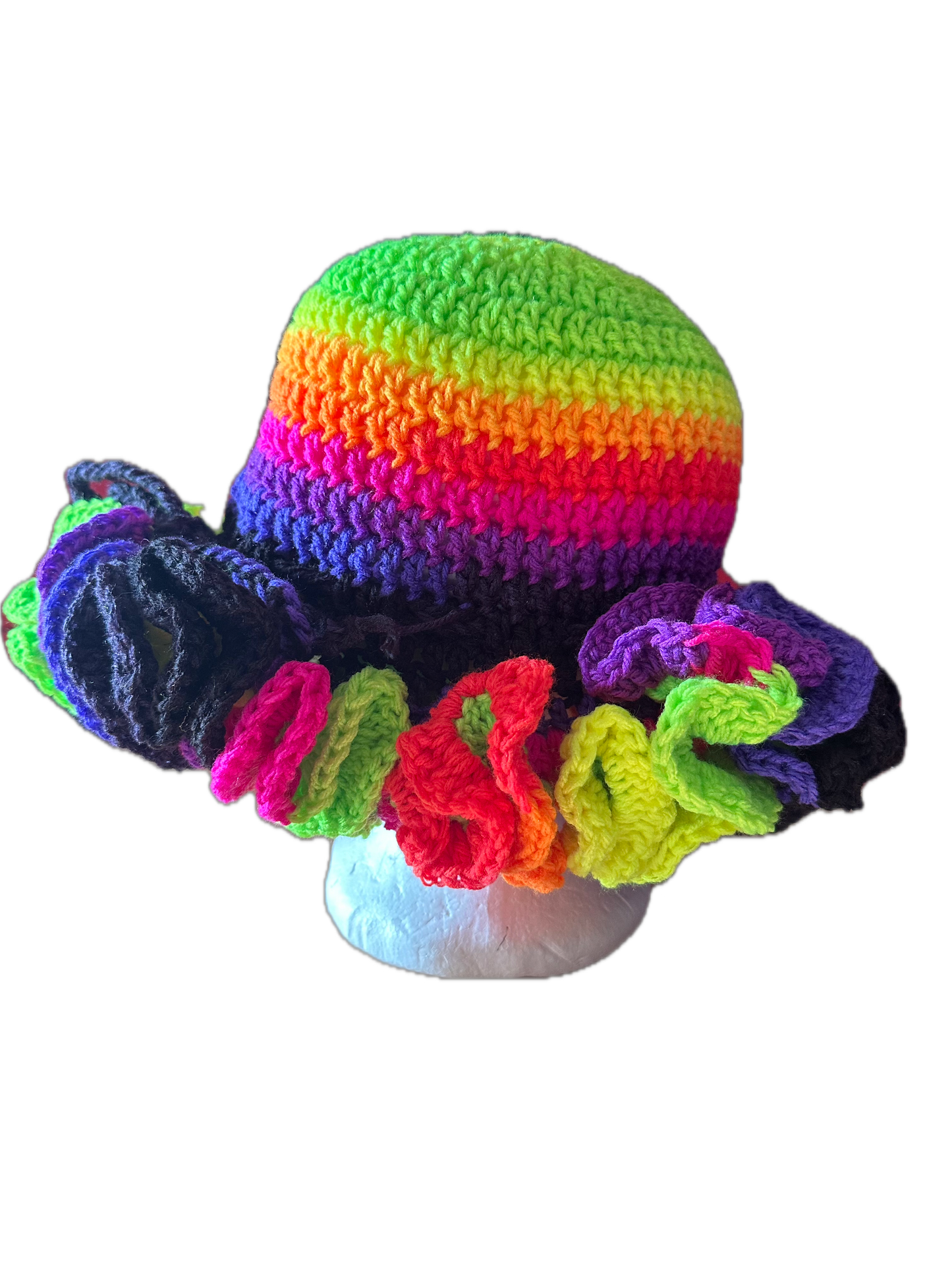 Multi Rainbow Crochet Ruffled Hat
