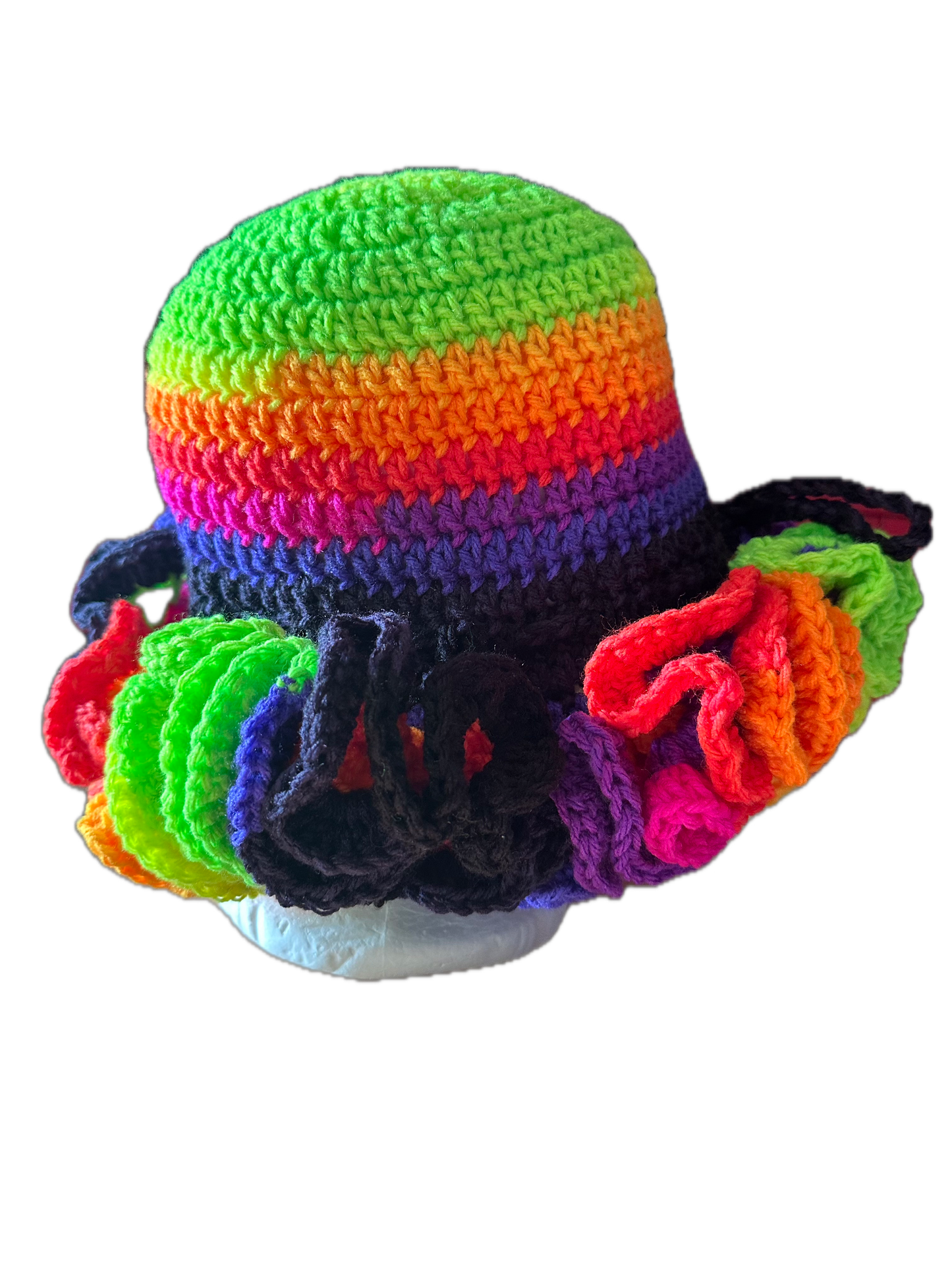Multi Rainbow Crochet Ruffled Hat