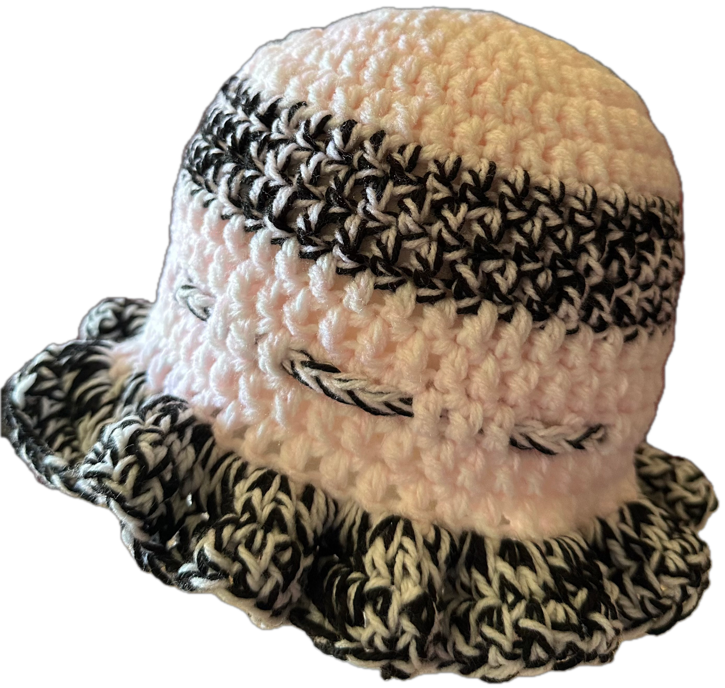 Baby Pink/Black/White Mix Crochet Ruffled Hat