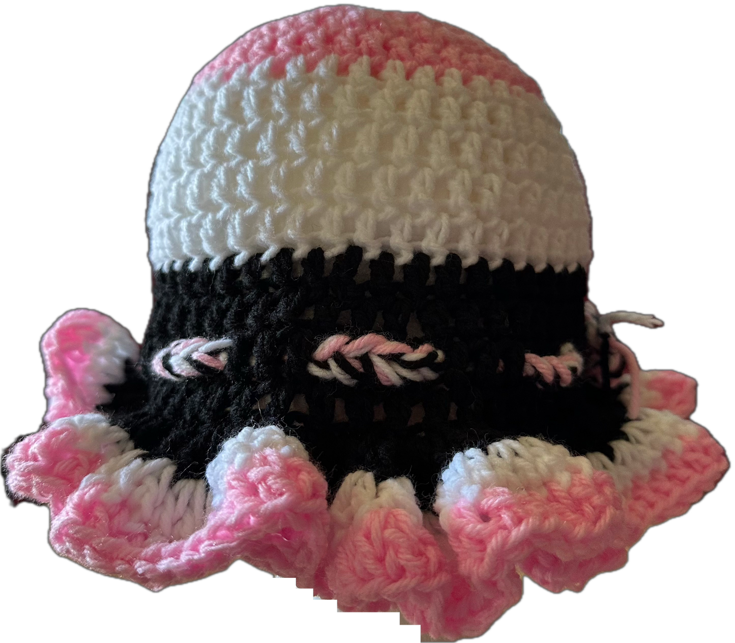 Pink/White/Black Crochet Ruffled Hat