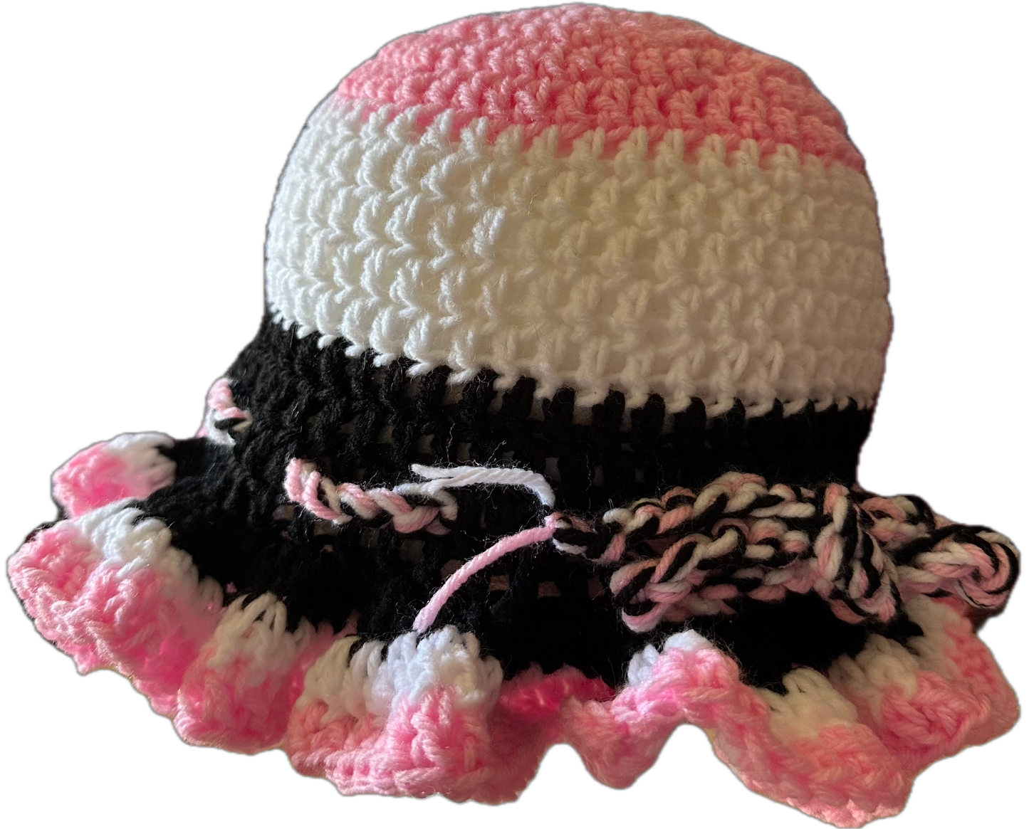 Pink/White/Black Crochet Ruffled Hat