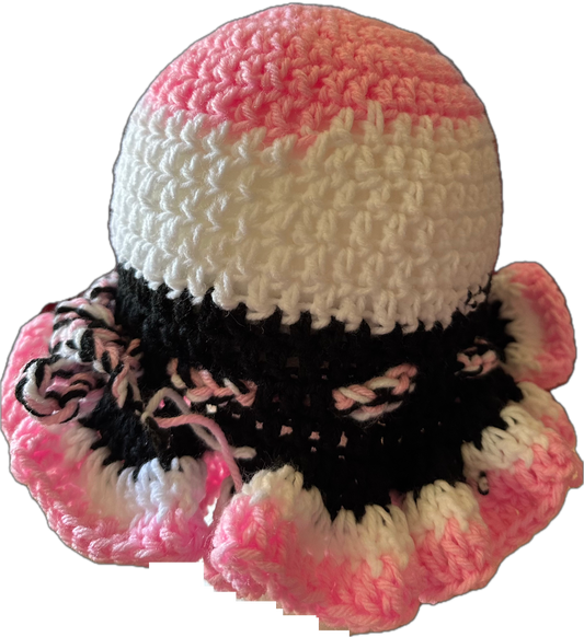 Pink/White/Black Crochet Ruffled Hat