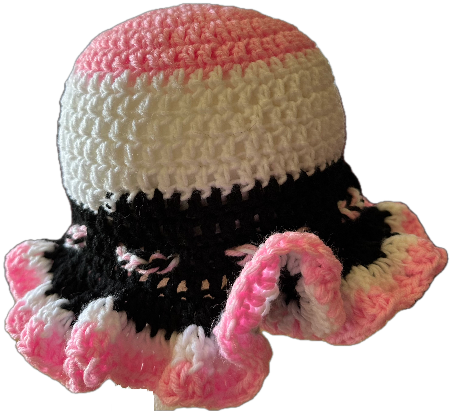 Pink/White/Black Crochet Ruffled Hat