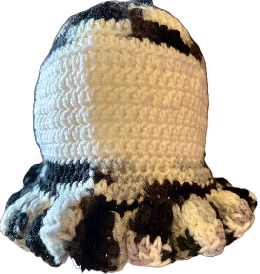 White/Black/Grey Crochet Ruffled Bucket Hat