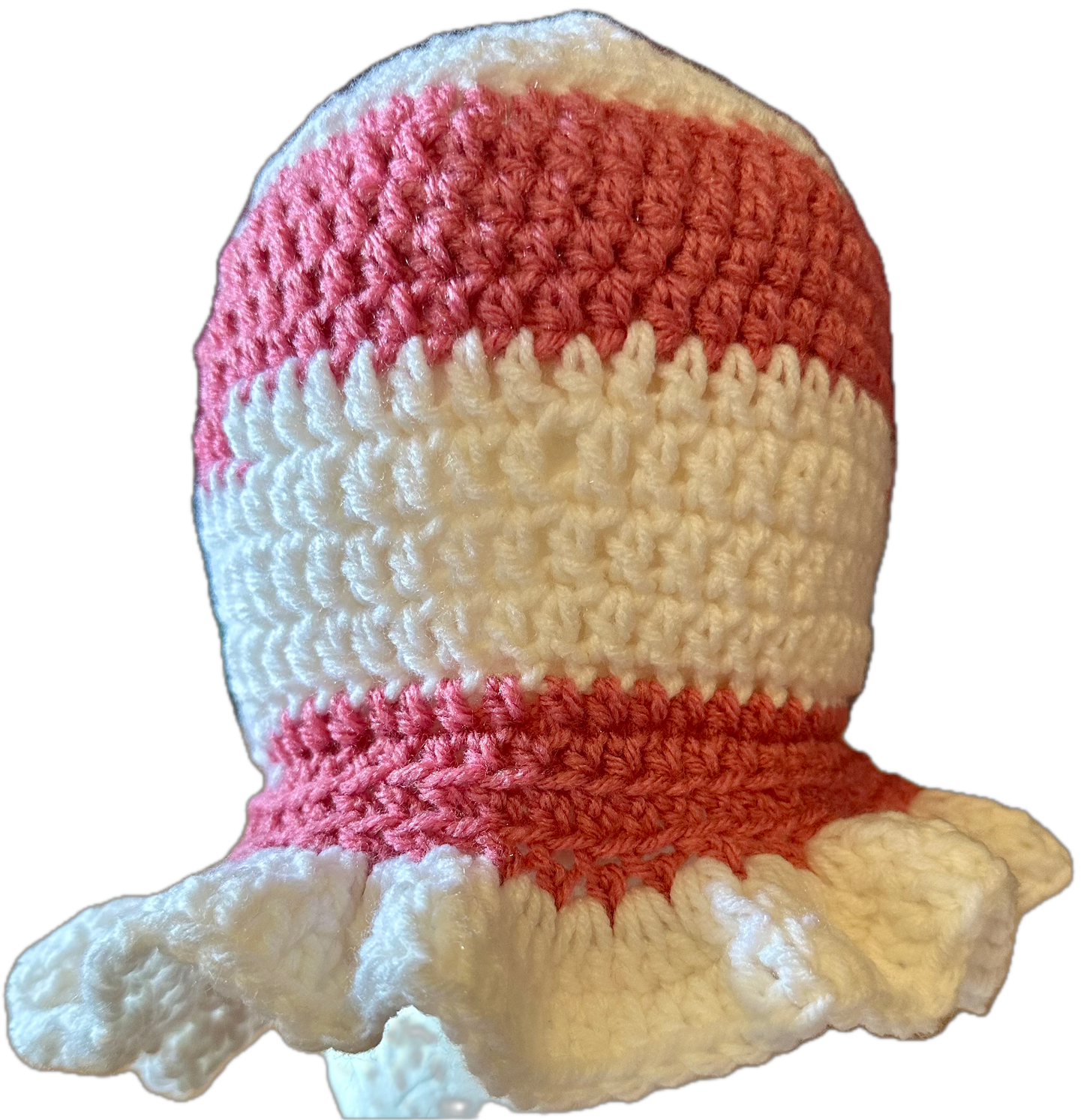 Pink & White Ring Crochet Ruffled Bucket Hat