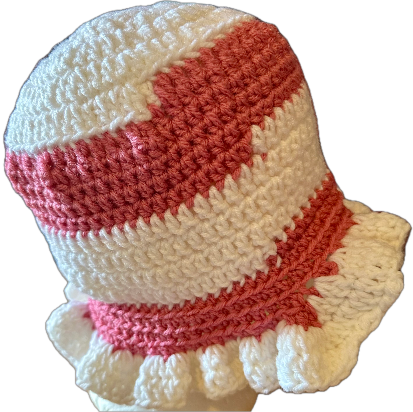 Pink & White Ring Crochet Ruffled Bucket Hat