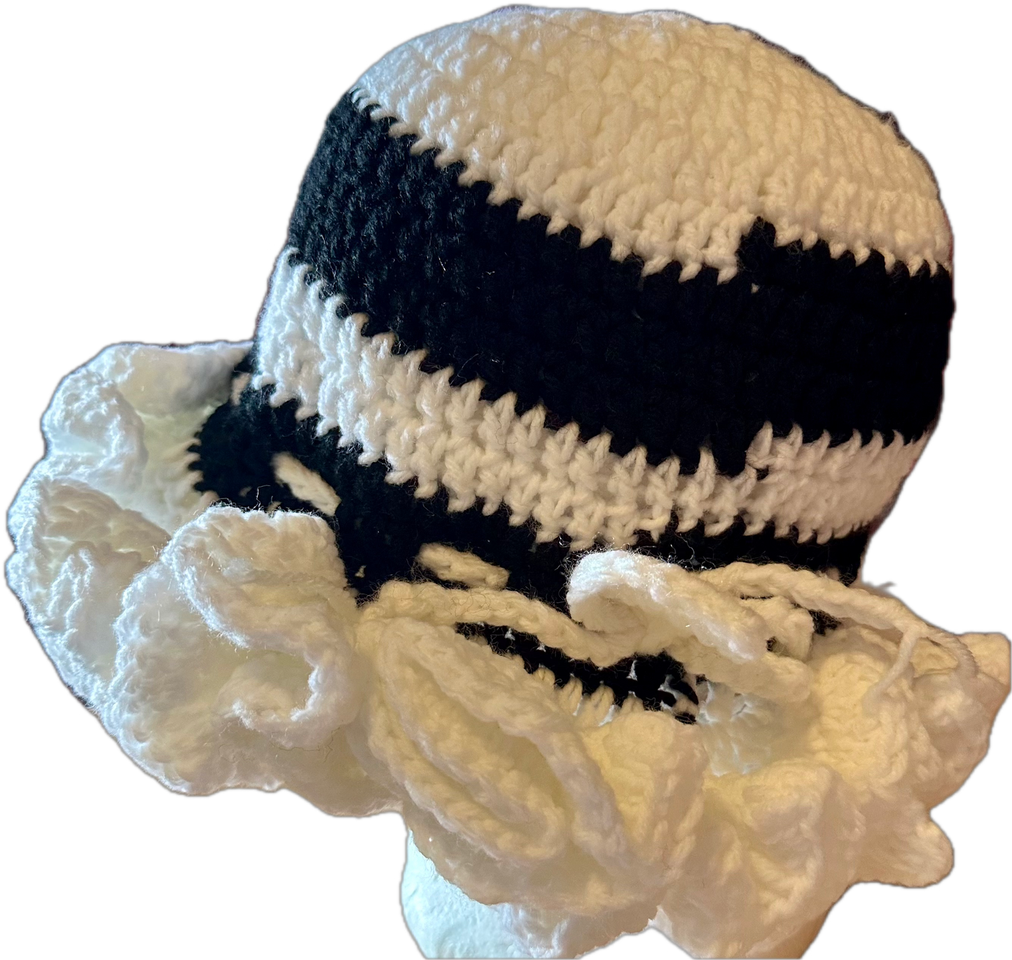 White Black w/Purse Crochet Ruffled Hat