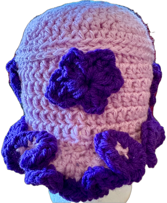 Lavender w/ Purple Flowers Crochet Ruffled Bucket Hat