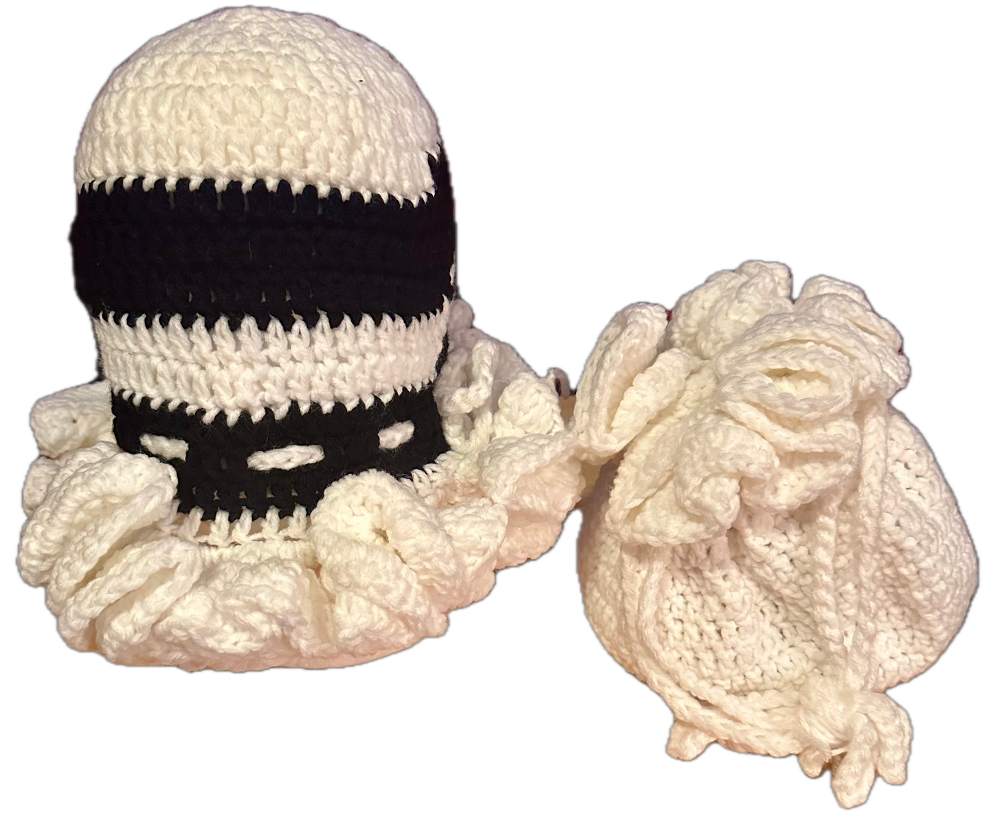 White Black w/Purse Crochet Ruffled Hat