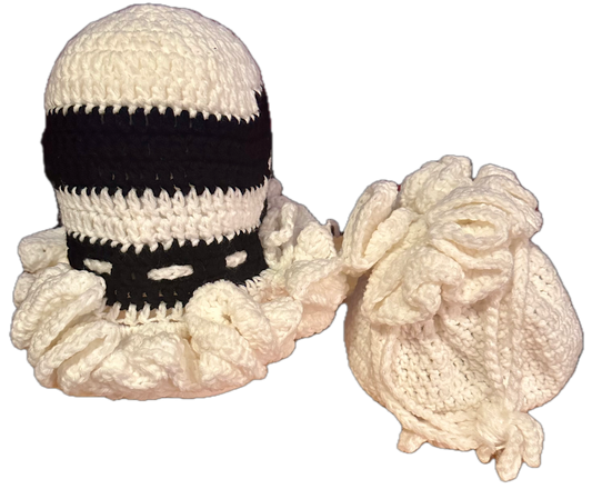 White Black w/Purse Crochet Ruffled Hat