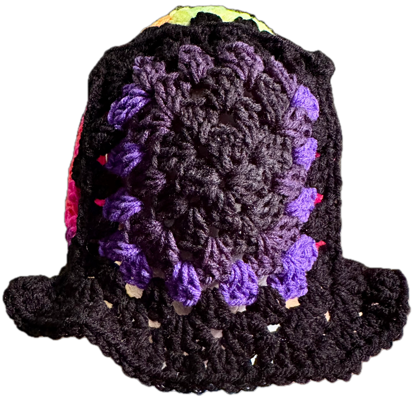 Black Trim Crochet Granny Square Bucket Hat