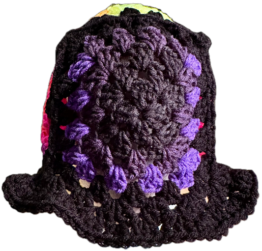 Black Trim Crochet Granny Square Bucket Hat
