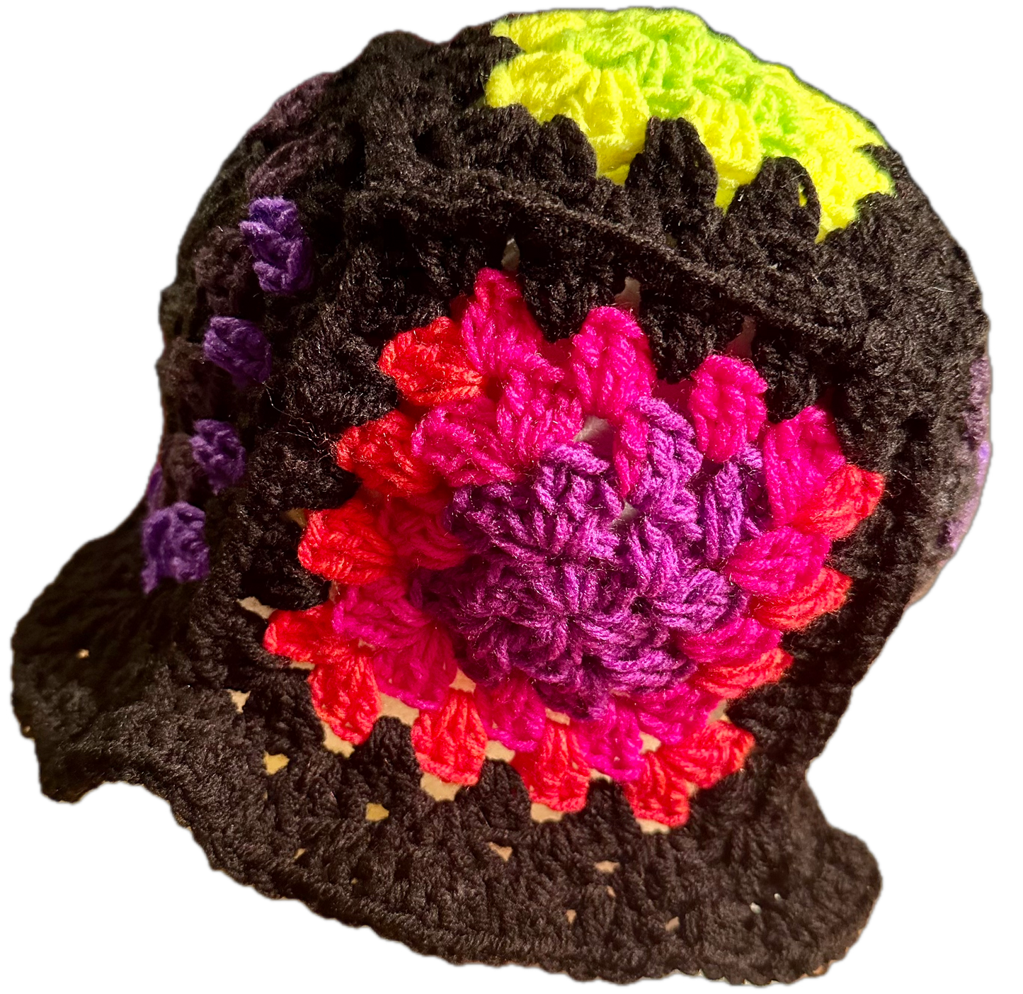 Black Trim Crochet Granny Square Bucket Hat