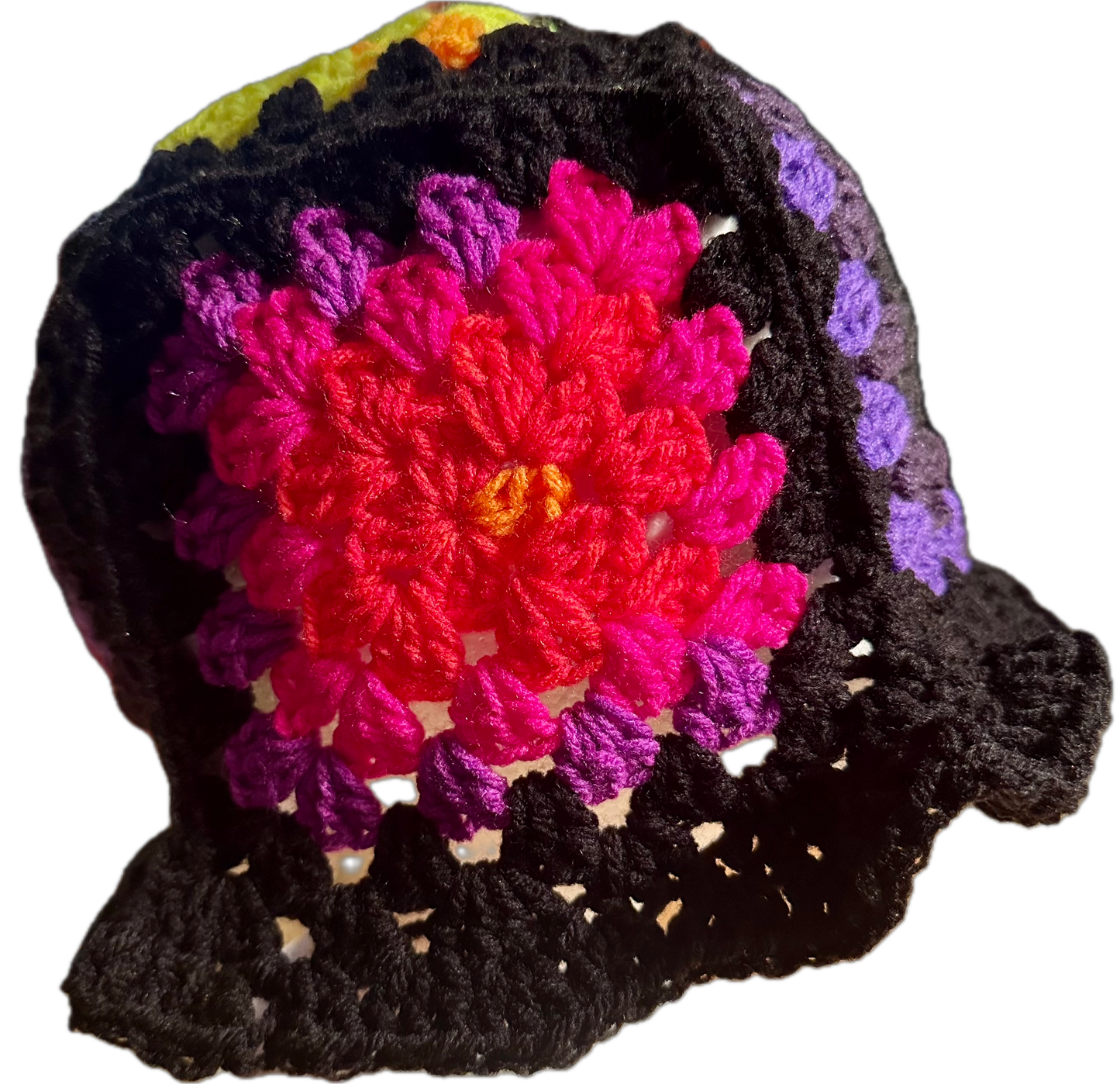 Black Trim Crochet Granny Square Bucket Hat