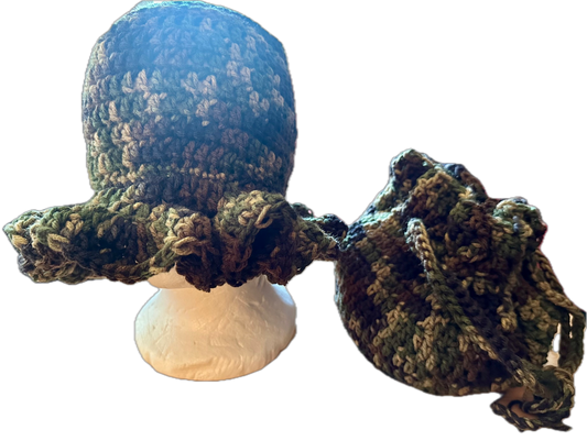 Camouflage w/ Purse Crochet Ruffled Bucket Hat