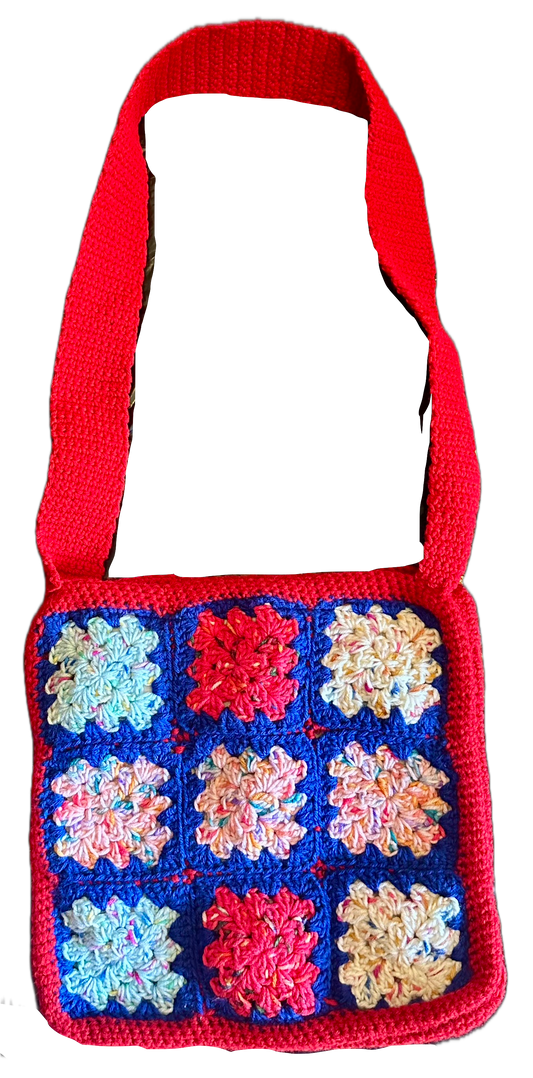 Red Blue Square Crochet Tote Bag