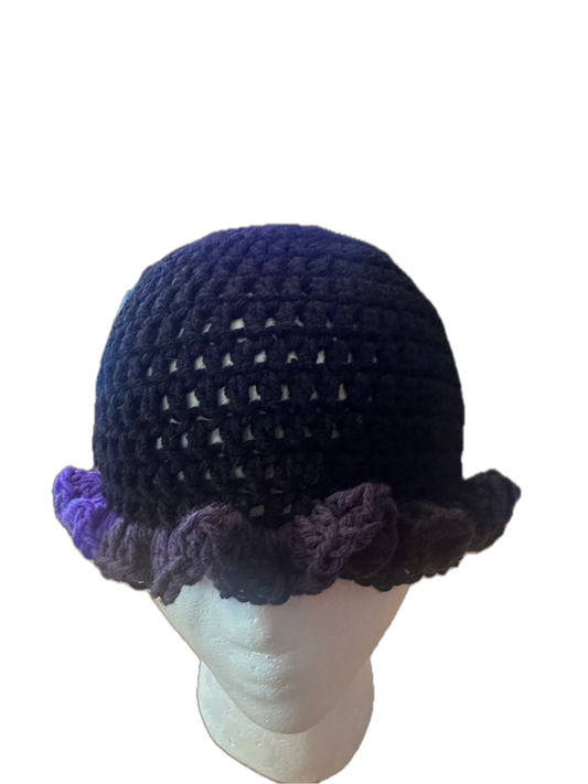 Black/Purple Crochet Ruffled Bucket Hat